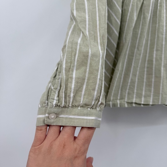 Lucky Brand Top Women Medium Green Beige Long Sleeve Stripes Tie Front Keyhole - Picture 2 of 10